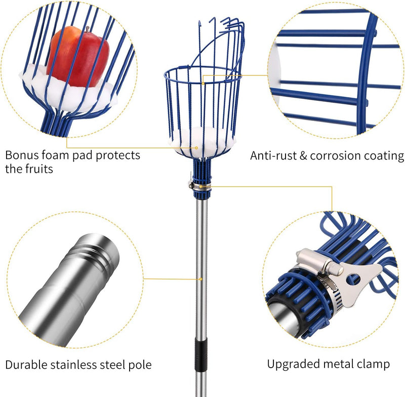 MaidMAX Obstpflücker mit Teleskopstiel aus Edelstahl 4 Meter, Apfelpflücker mit Gelenk und Schaumsto