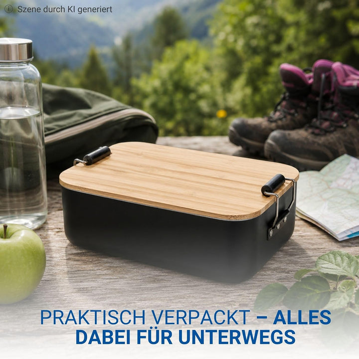 Brotdose Bamboo 900 ml - Bambusdeckel und Aluminiumbehälter in Schwarz | luftdicht, Schule, Büro, Pi
