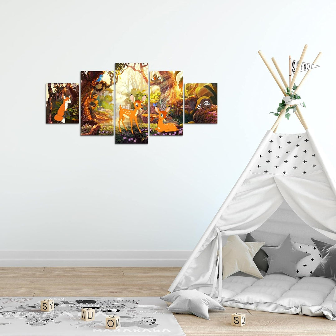 Runa Art Wandbilder Kinderzimmer Wald 5 Teilig Bild auf Vlies Leinwand Deko Babyzimmer Spielzimmer W