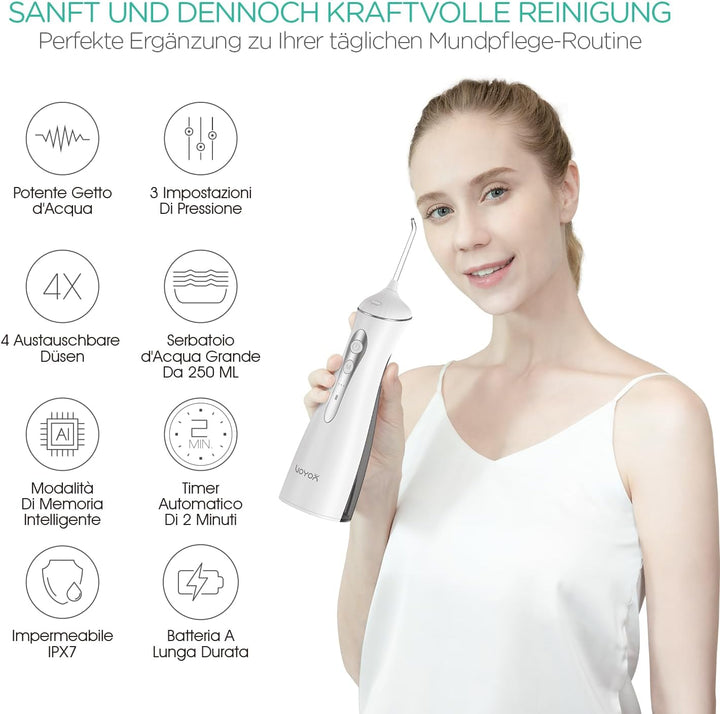 VOYOR-HEALTH Munddusche kabellos, Tragbar Water Flosser für Zähne 3 Modi &amp; 4 Düsen, Wiederaufladbar