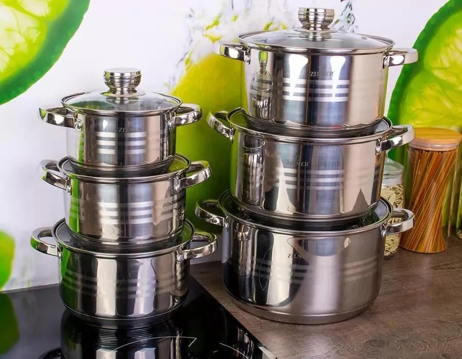 Zilner Topfset - Kochtopf Set 12-teilig - Edelstahl - mit Glasdeckeln - für alle Herdarten - Silber