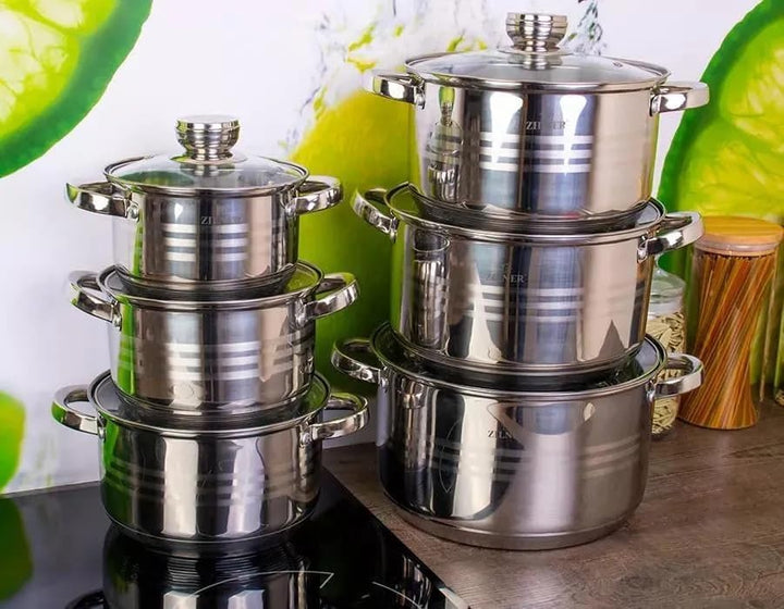 Zilner Topfset - Kochtopf Set 12-teilig - Edelstahl - mit Glasdeckeln - für alle Herdarten - Silber