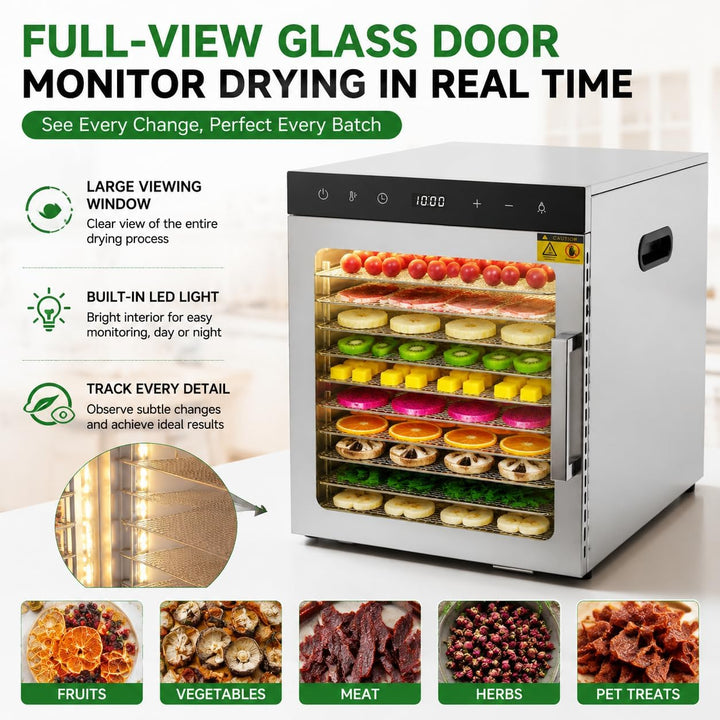 800 Watt Dörrautomat, Food Dehydrator mit 10 Edelstahlschalen LED Touch Control Design, Einstellbare