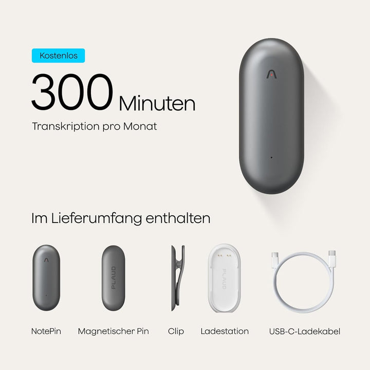Plaud NotePin Sprachrekorder, KI-Sprachrekorder, App-Steuerung, KI-Notizgerät, KI-Transkription & Zu