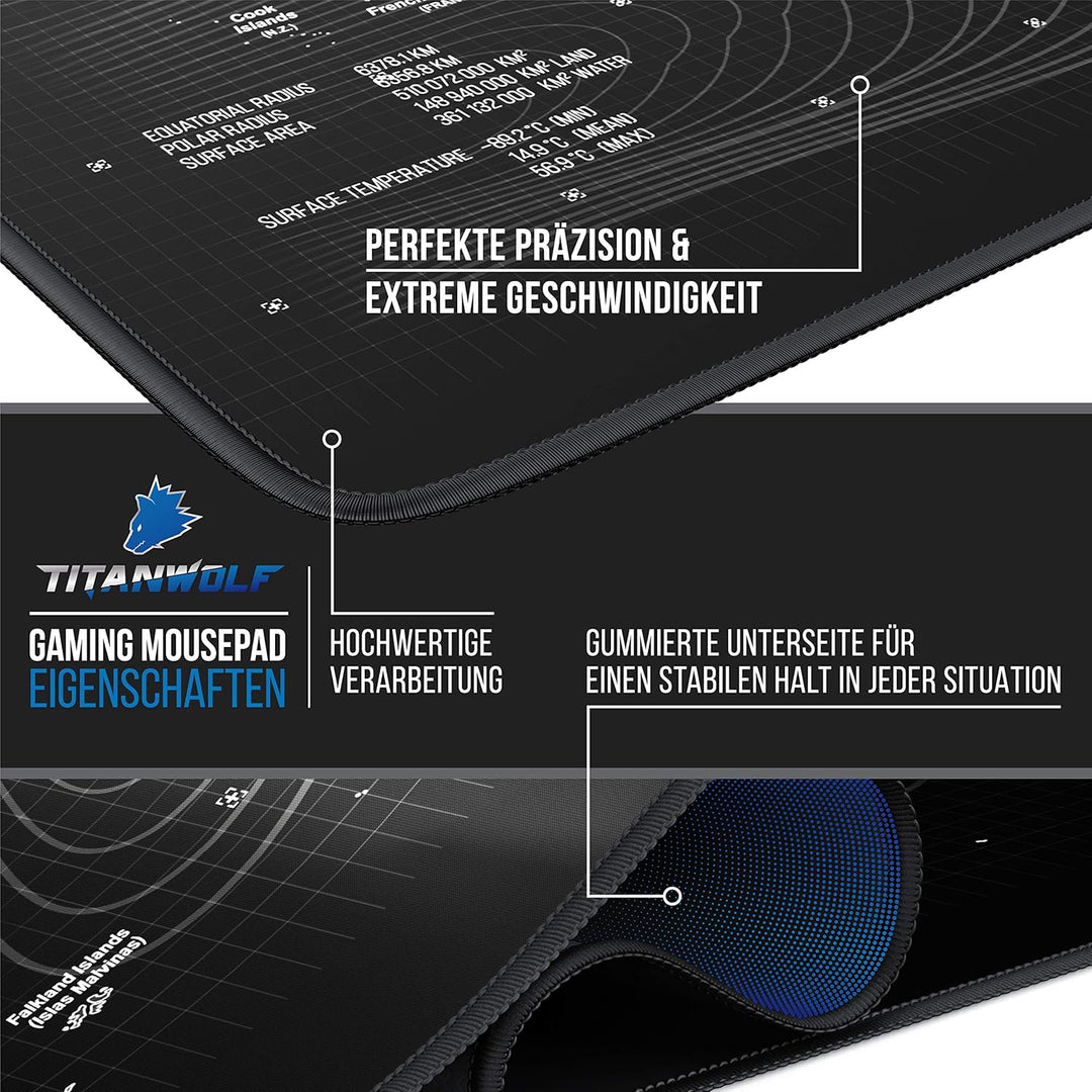 Titanwolf - Übergrösse Mauspad 1200x600mm Weltkarte XXXL Mousepad gross mit Motiv Tischunterlage Lar
