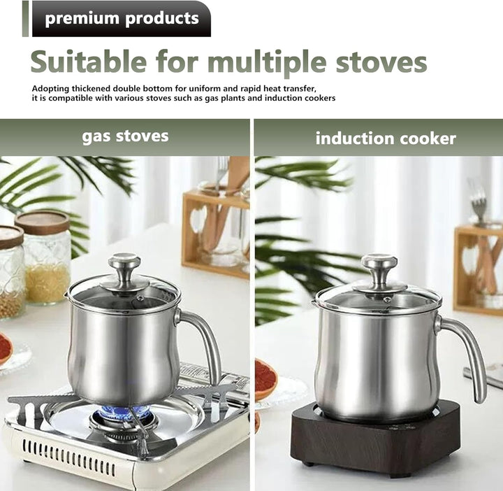 Milchtopf Induktion mit Glasdeckel 14 cm, Milchkochtopf, Simmertopf 2L, Doppelwandig Milchtopf Edels