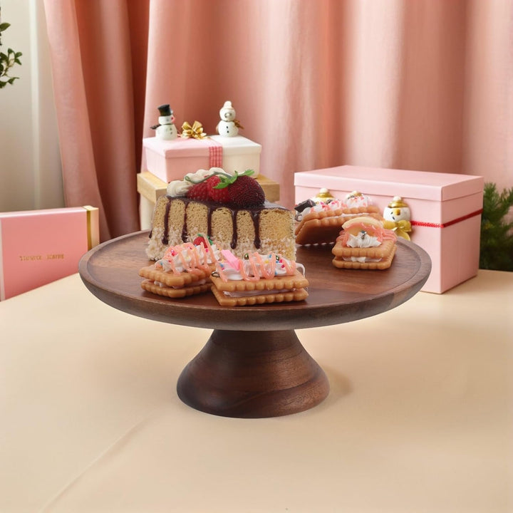 Sosoport Serviertablett Aus Akazienholz Rundes Holztablett Mit Stabilem Fuss FüR Kuchen Snacks Und C