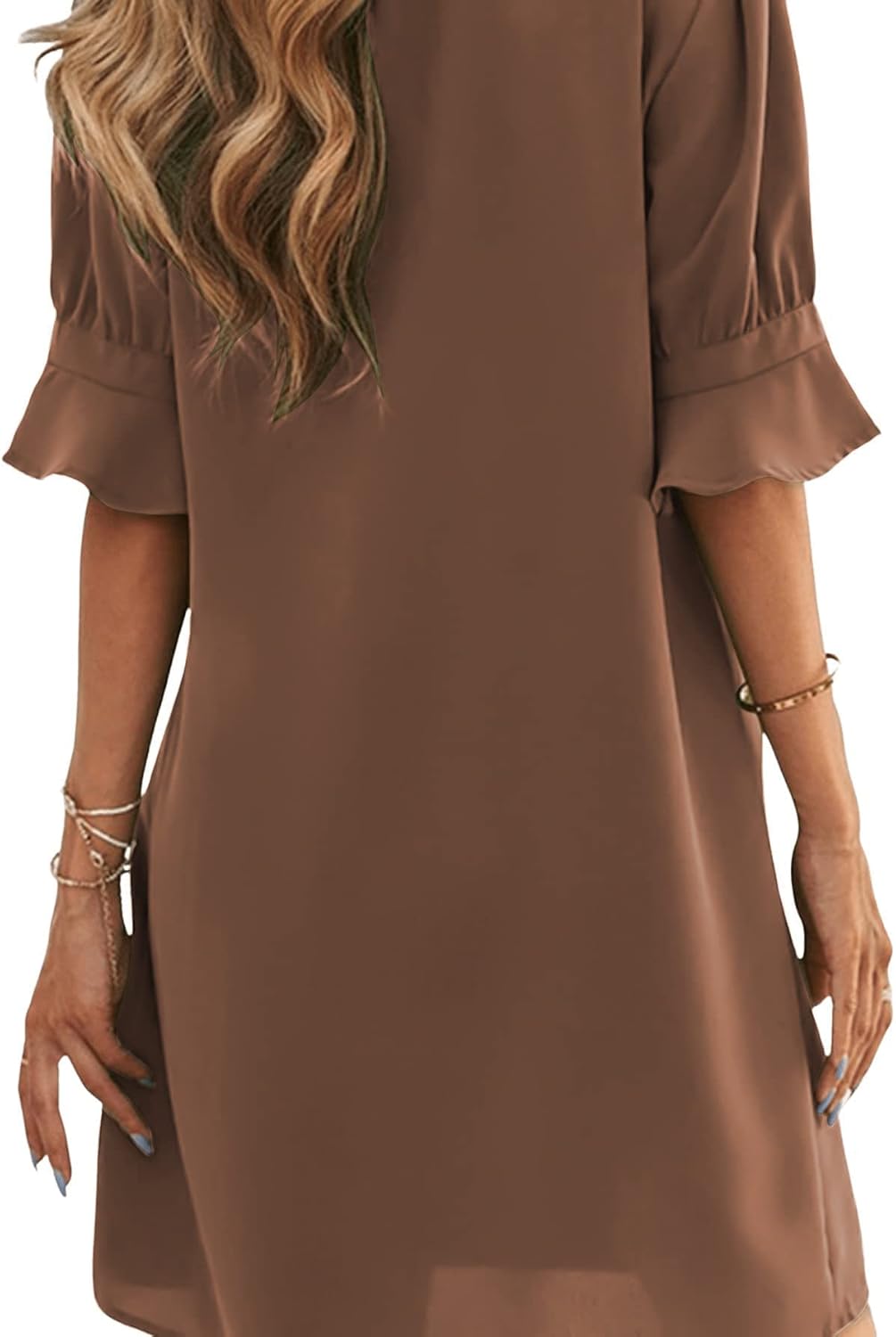 Famulily Frauen V-Ausschnitt Halbarm Hemdkleid Elegant Sommer Casual Einfarbig Kurzes Kleid S-XXL M