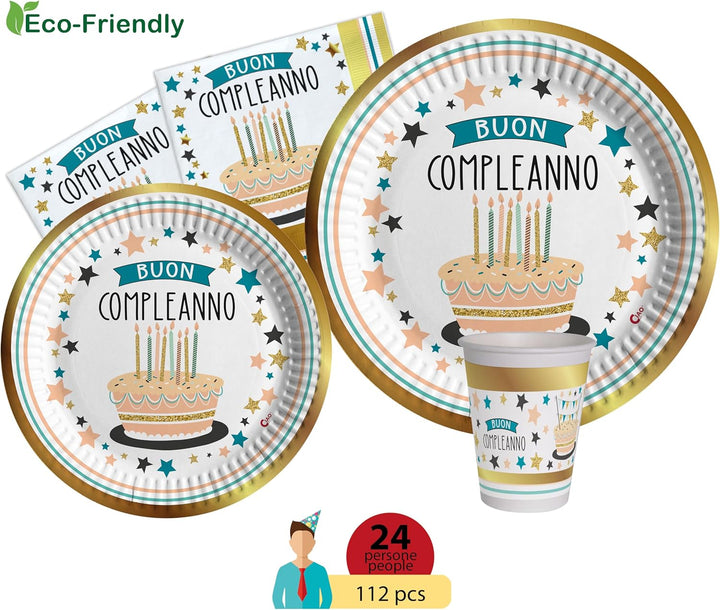Partygeschirr Party-Set Buon Compleanno Shiny Gold für 24 Personen (112 pcs: 24 Pappteller Ø23cm, 24