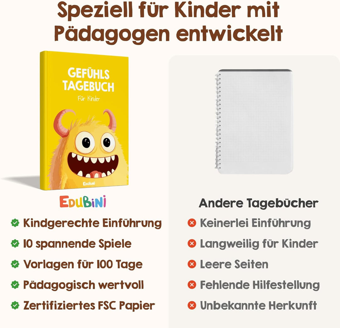 Edubini Gefühlstagebuch Kinder [6-12 Jahre] - Tagebuch Mädchen & Jungs - Gefühle Buch für Umgang mit