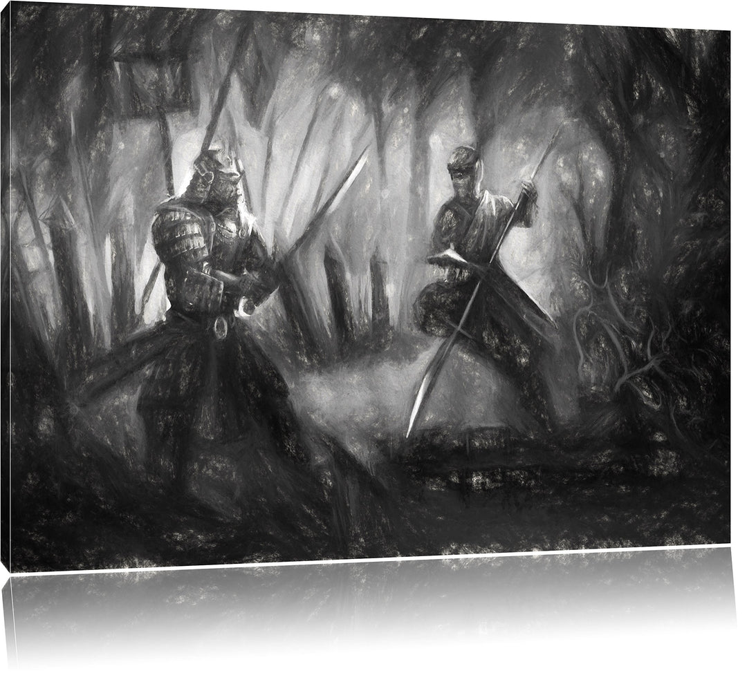 Pixxprint Kampf zwischen Samurai und Ninja als Leinwandbild/Grösse: 100x70 / Wandbild/Kunstdruck/fer