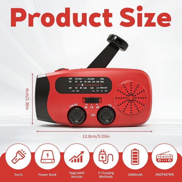 Kurbelradio, 2000mAh Notfallradio Solar Radio mit kurbel und solar, AM/FM/WB Notfall Radio Power Ban