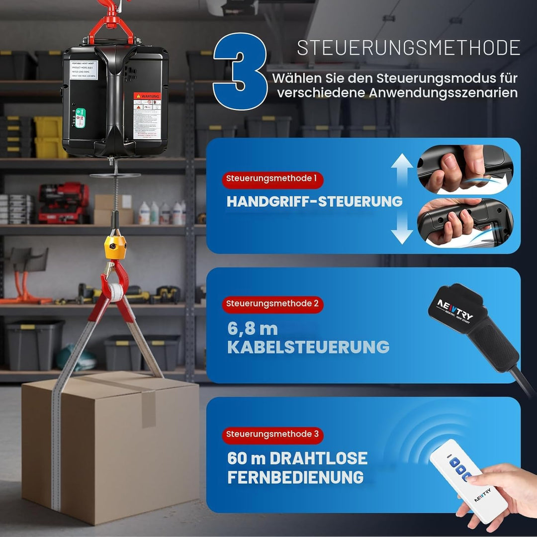 NEWTRY 3-in-1 Elektrische Seilwinde 300kg 11,8m Aufzug 1500W 230V, Drahtlose 60m Fernbedienung Flasc