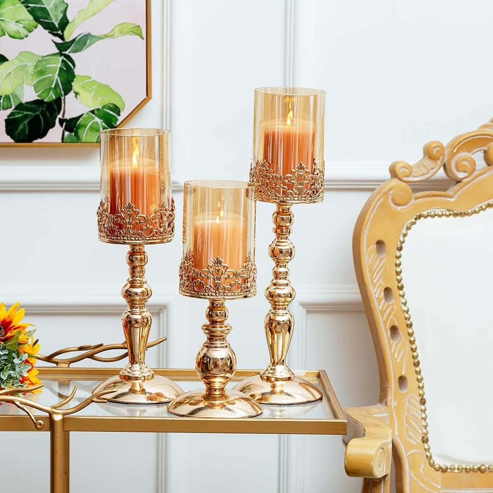 Nuptio Kerzenständer mit Glas für Stumpenkerzen, goldene Windlicht-Kerzenständer als modernes Heimde