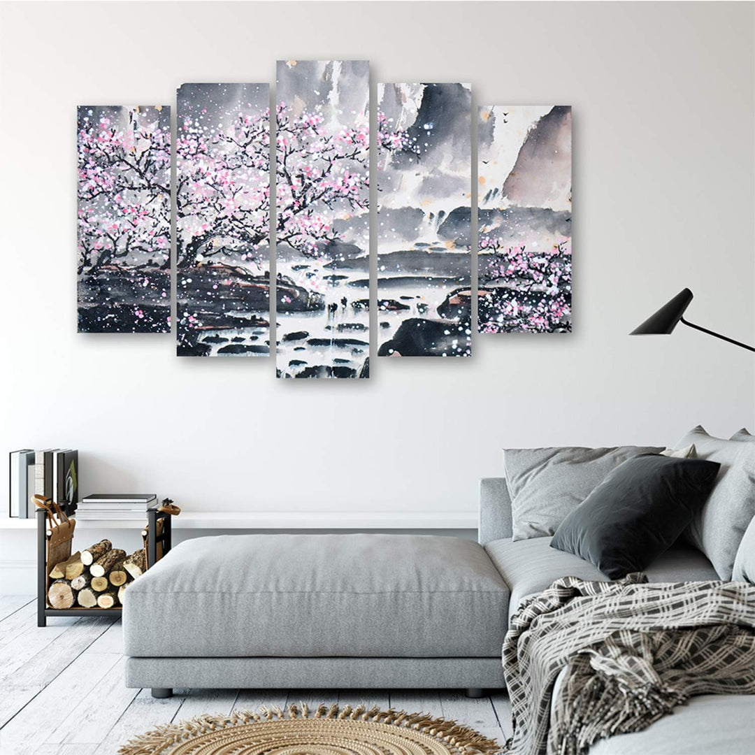 Feeby Frames, Leinwandbild Bilder Wand Bild - 5 Teile - Wandbilder Kunstdruck (KIRSCHBAUM, ROSA, GRA