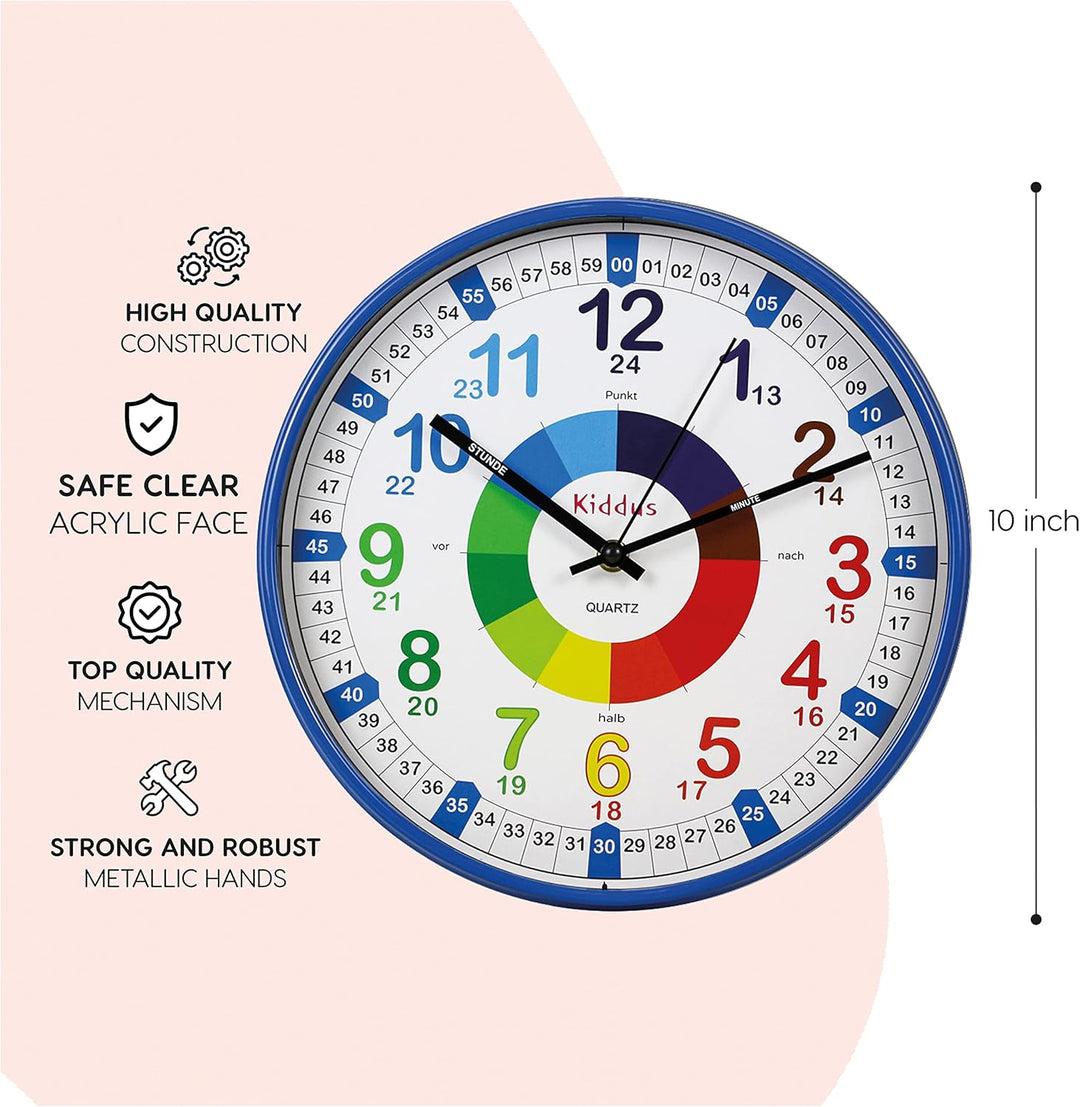 Kiddus Kinder Wanduhr, Jungen und Mädchen, Analoger Lernuhr mit Zeitlernübungen, Kinderwanduhr Ohne