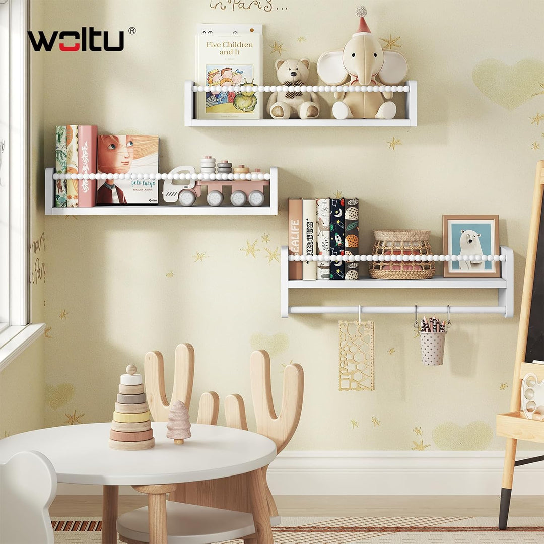 WOLTU 3er Set Kinder Bücherregal Wand, 50cm Wandregal Kinderzimmer, aus Massivholz, Hängeregal Schwe