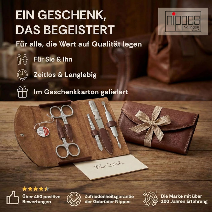 nippes Solingen Classic Premium-Maniküre Set, 5-teilig, Echtes Rindsleder-Nageletui, braun, Edelstah