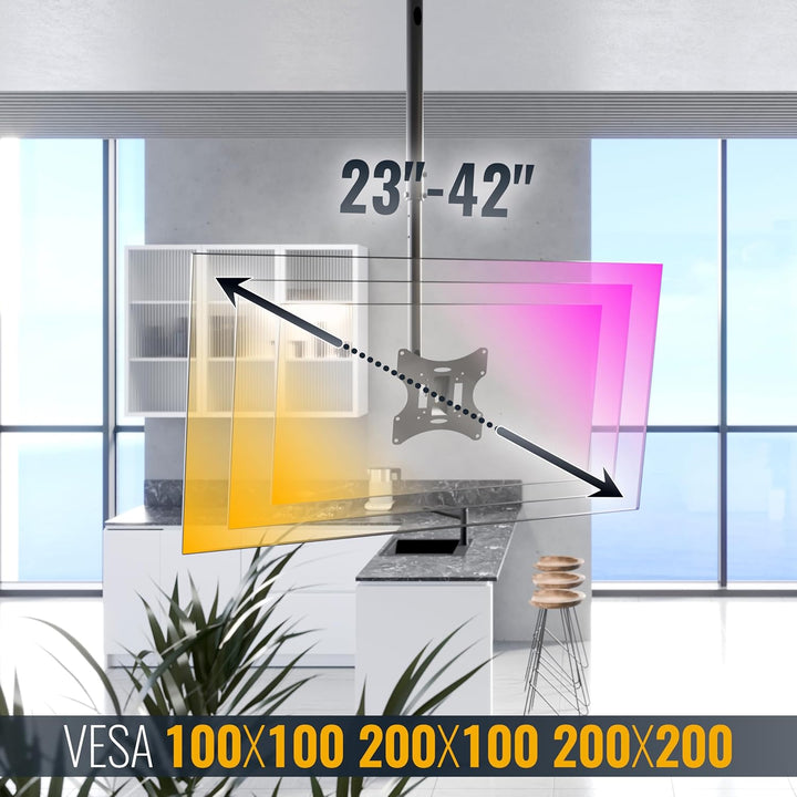 RICOO Monitor & TV Deckenhalterung für Fernseher 23-42 Zoll, Schwenkbar Neigbar Höhenverstellbar, Un