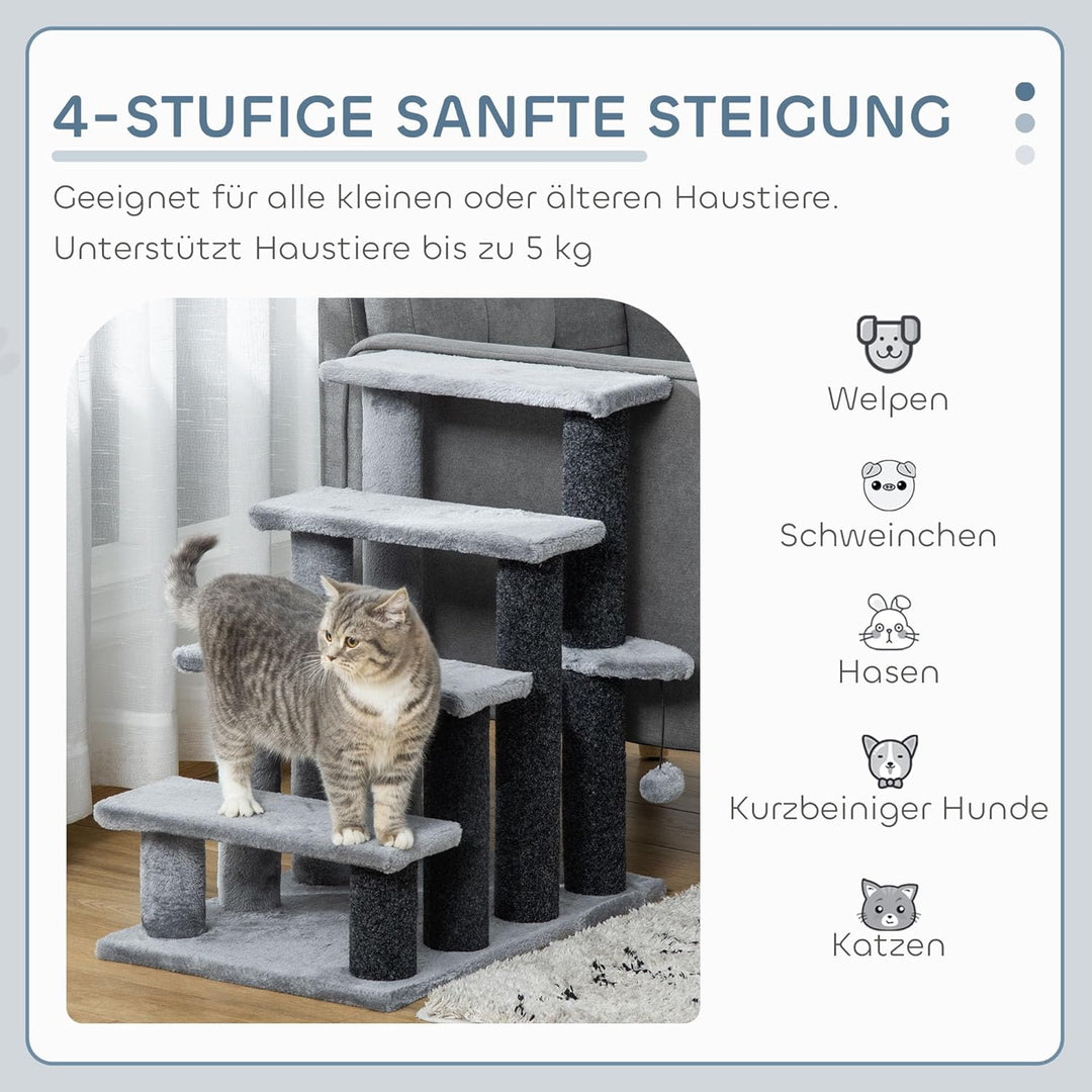 PawHut Haustiertreppe Katzentreppe mit Kratzbaum Ball 4-stufige Hundetreppe Tiertreppe Spanplatte Pl