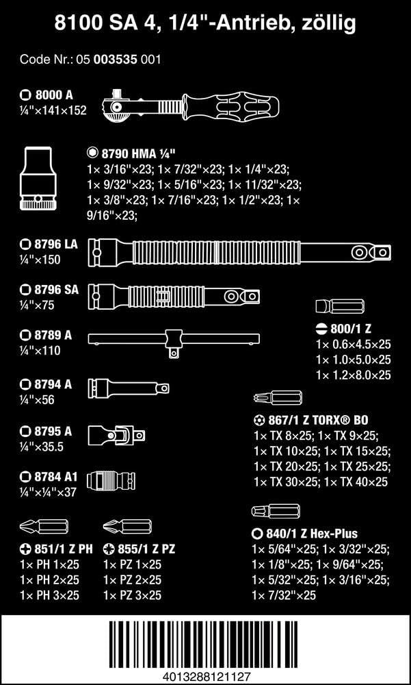Wera 8100 SA 4 Zyklop Speed-Knarrensatz, 1/4 Zoll-Antrieb, zöllig, 41-teilig, 05003535001 1/4 Zoll z