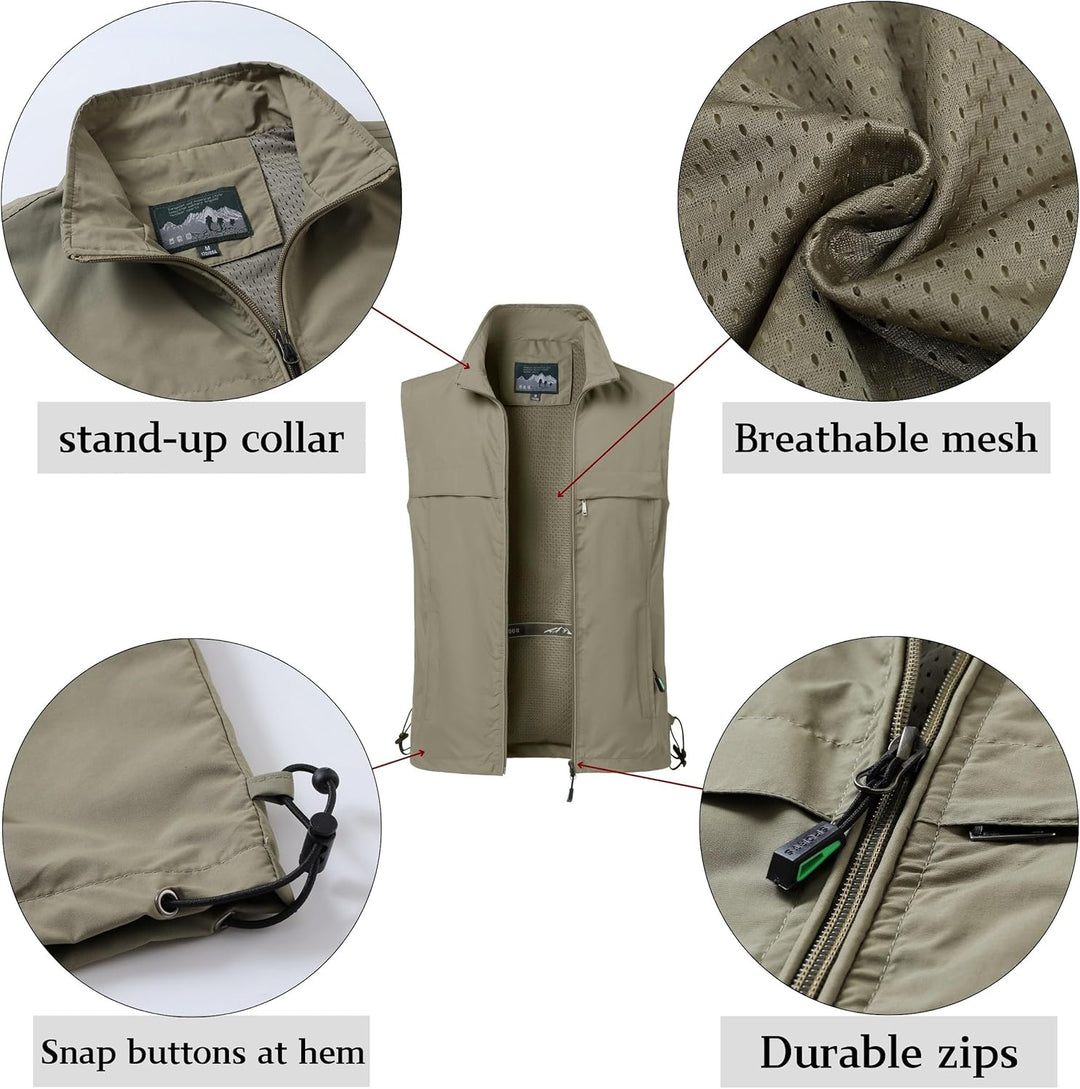 MeiLayM Herren Outdoor Angelweste Multi Pocket Weste Sommer Schnell Trocknende Weste Sport Reissvers
