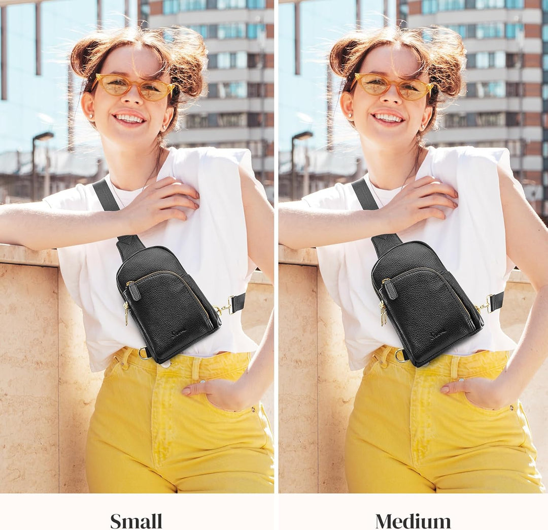 S-ZONE RFID-blockierende Damen-Umhängetasche, Leder, klein, Brustrucksack, Rucksack Schwarz-1, Schwa