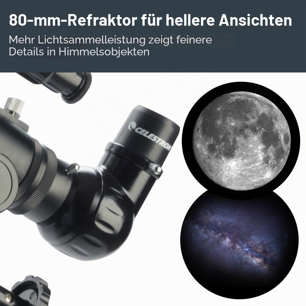 Celestron 21048 PowerSeeker 80EQ Refraktor-Teleskop - mit Zwei Okularen, seitenrichtigem Spiegel, Ei