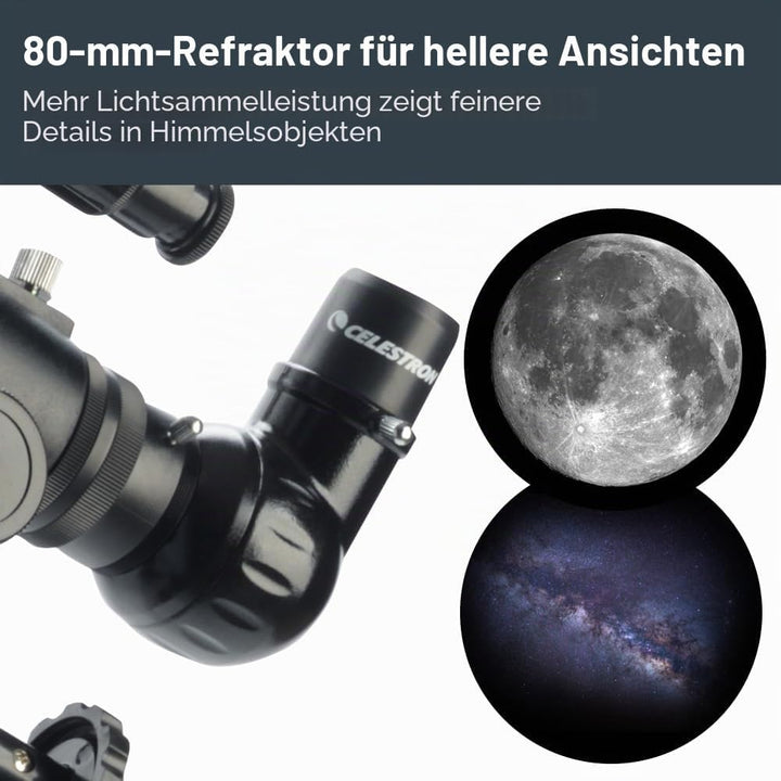 Celestron 21048 PowerSeeker 80EQ Refraktor-Teleskop - mit Zwei Okularen, seitenrichtigem Spiegel, Ei