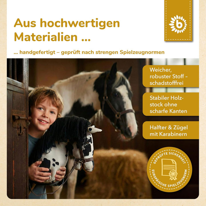 Bieco Hobby Horse Steckenpferd Schecke - Grösse S, mit Trense | Abnehmbarer Stock &amp; Schweif, für Spr