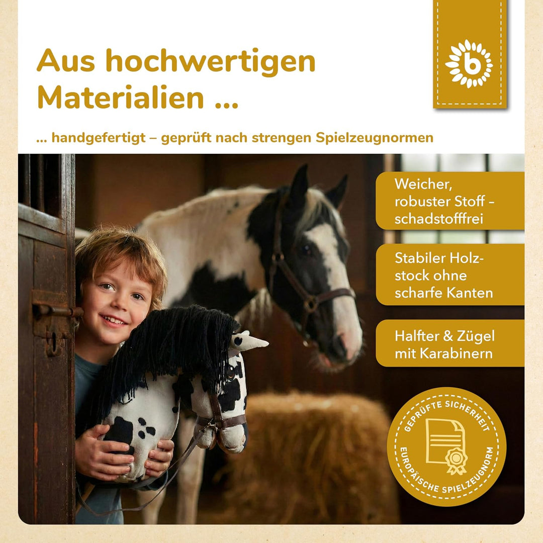 Bieco Hobby Horse Steckenpferd Schecke - Grösse M, mit Trense | Abnehmbarer Stock &amp; Schweif, für Spr