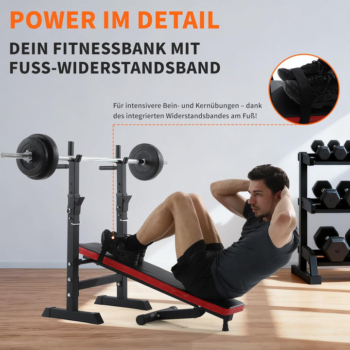 ISE Hantelbank, faltbar, verstellbar, mit Stangenhalterung, für Hantel und Dip-Station, verstellbar,