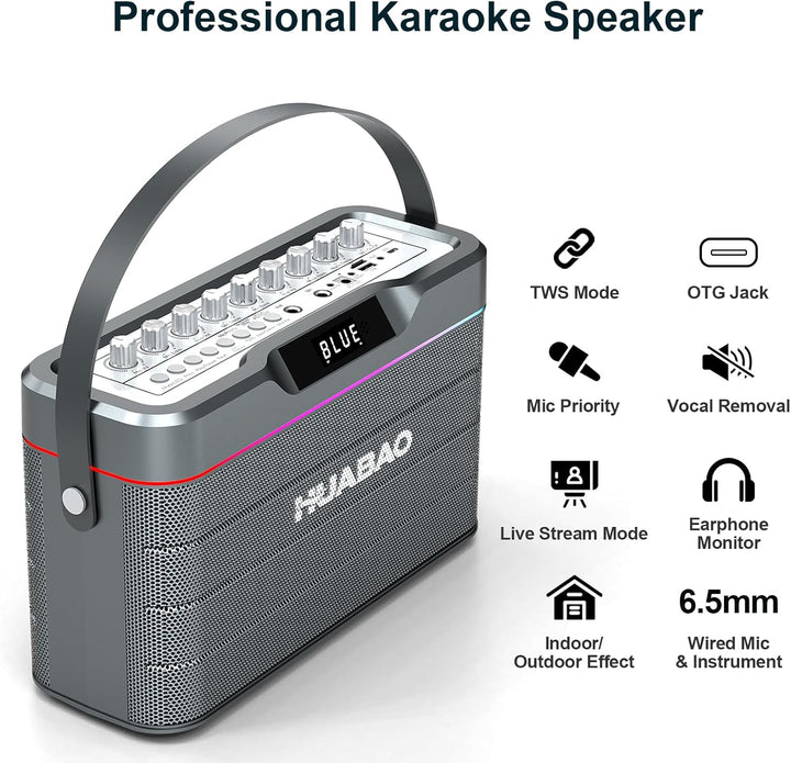 Karaoke-Maschine - 100W Bluetooth-Lautsprecher mit Super Bass, 2 drahtlose Mikrofone, tragbares PA-S