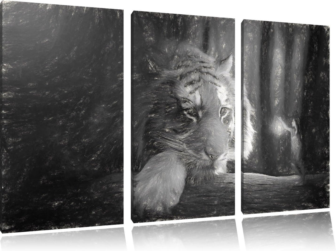 Pixxprint EIN Fantasy-Welt - eine Frau und EIN Riesen-Tiger Kunst Kohle Effekt 3-Teiler Leinwandbild