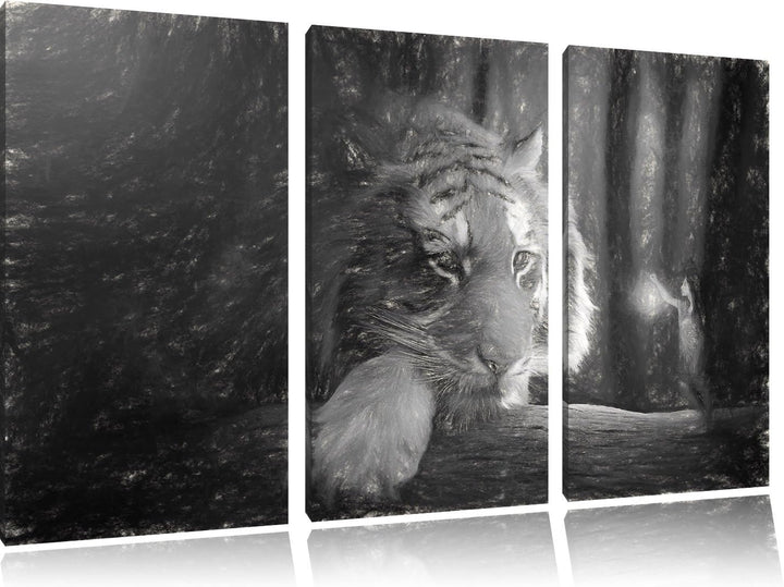 Pixxprint EIN Fantasy-Welt - eine Frau und EIN Riesen-Tiger Kunst Kohle Effekt 3-Teiler Leinwandbild