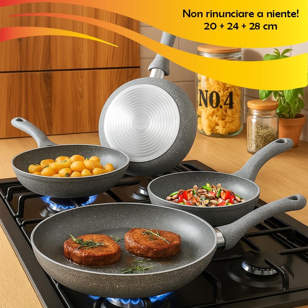 BAKAJI Accademia Mugnano - Bratpfannen-Set, Herz aus Stein, antihaftbeschichtet, Aluminium mit Stein