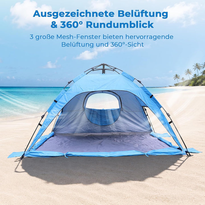 Strandmuschel Pop Up für 2-3 Personen – Automatisches Strandzelt mit Verlängerter Matte, 2 Fenster f
