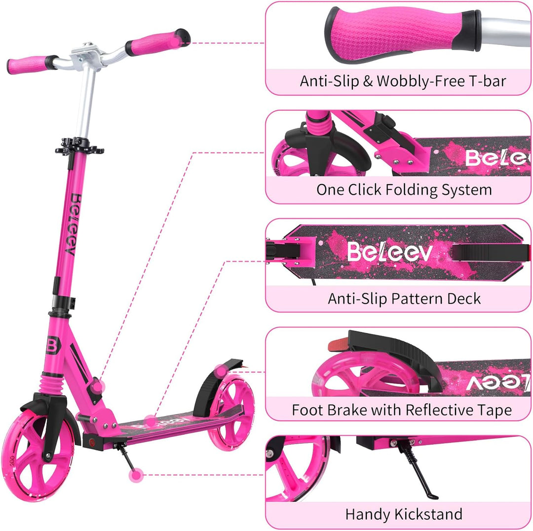 BELEEV V8 Big Wheel Scooter mit LED Leuchtenden Lenksäule &Deck, Höhenverstellbar, ABEC-9, 200mm Räd