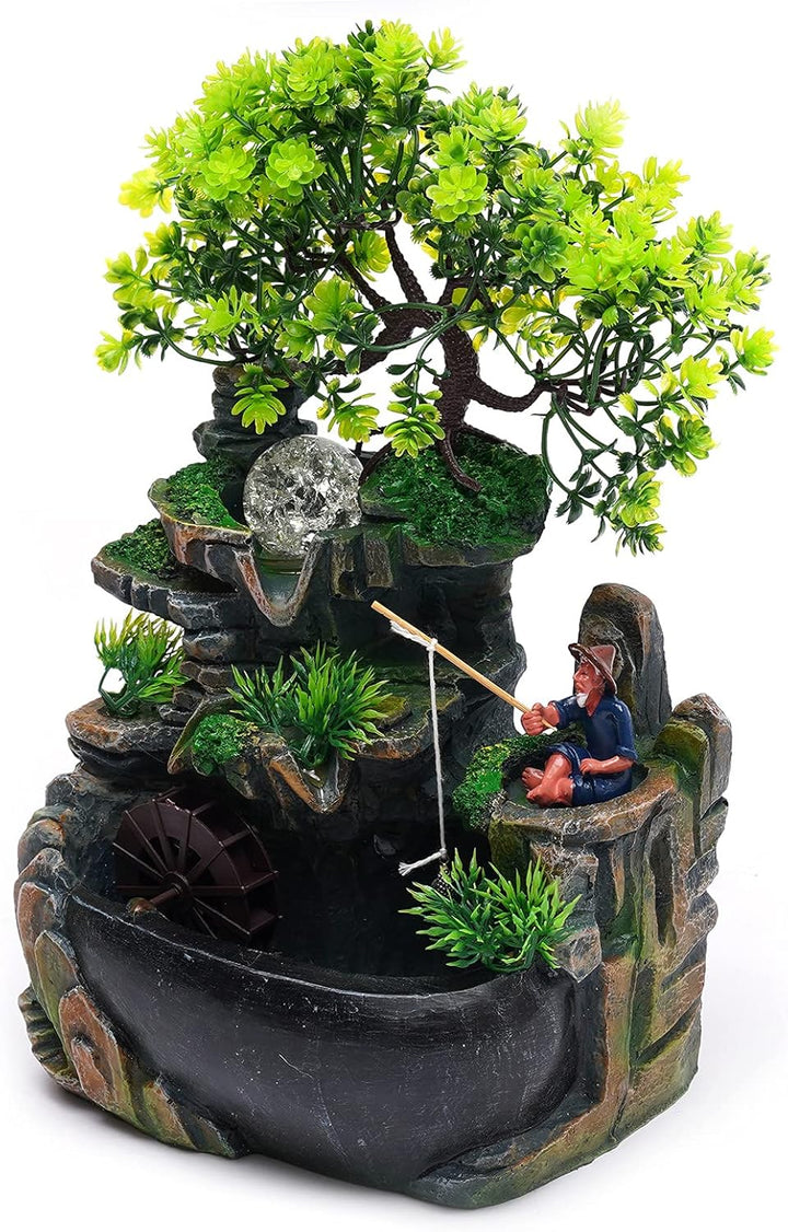 LED Zimmerbrunnen Tischbrunnen 30cm, Wasserfall Deko mit Pumpe | Harz Desktop Brunnen, 2,5W Wasserpu