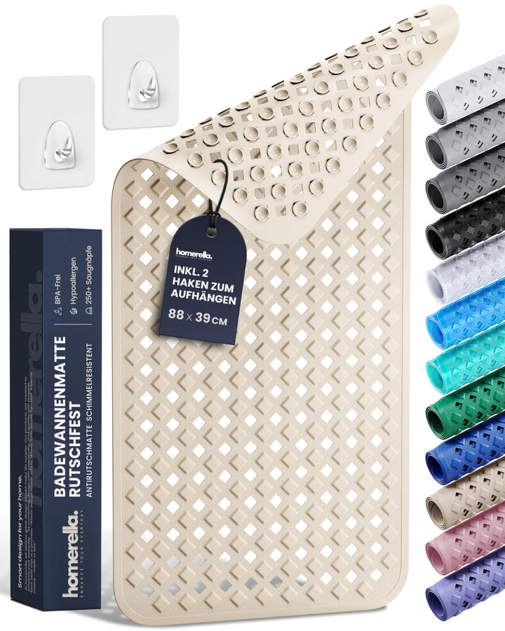 homerella® Badewannenmatte rutschfest 88x39cm, INKL. HAKEN, Rutschfeste Badematte BPA frei, Duschmat