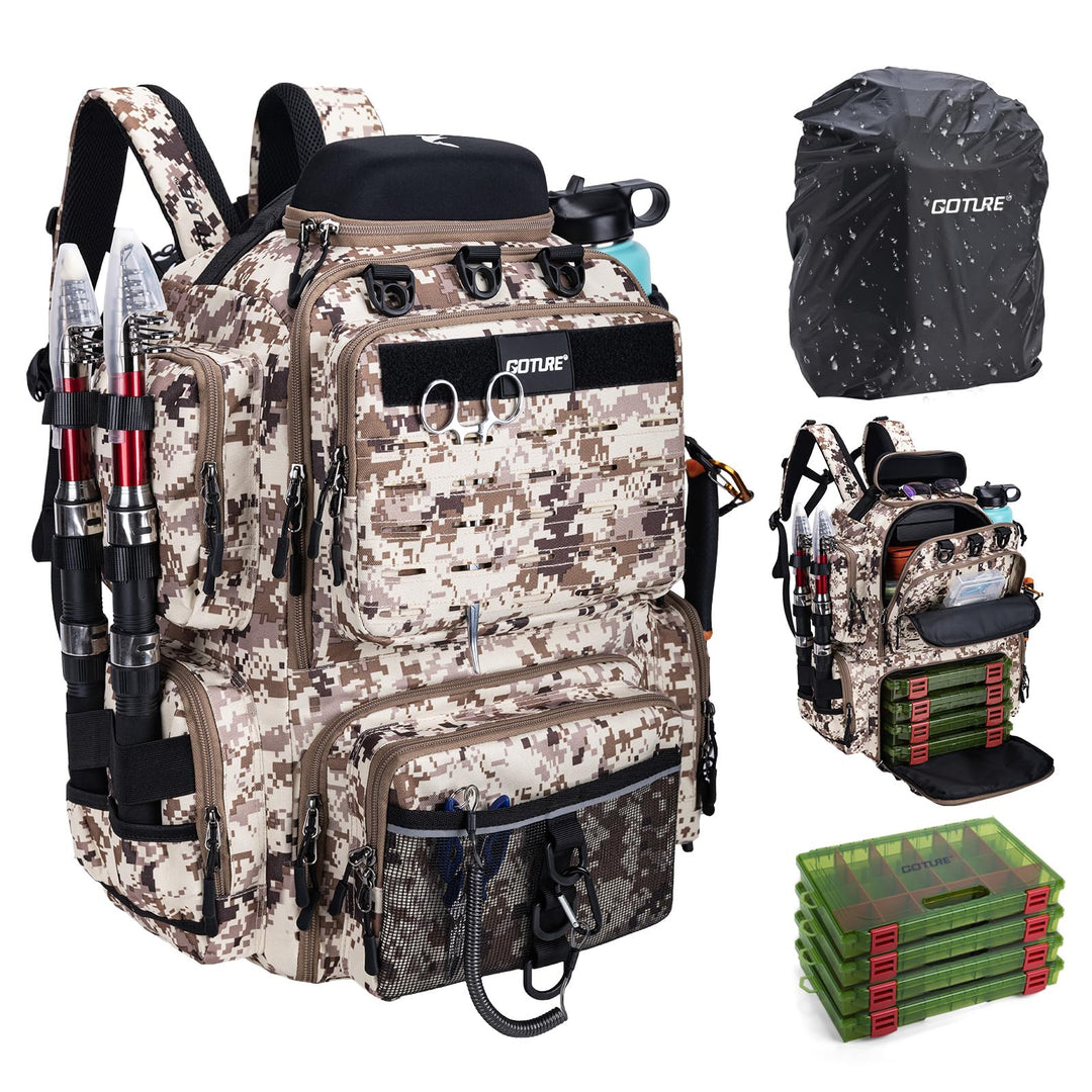 Goture Angelrucksack 45L, 4 Köderboxen, wasserdicht, Rutenhalter, Outdoor Wüsten-tarn 1
