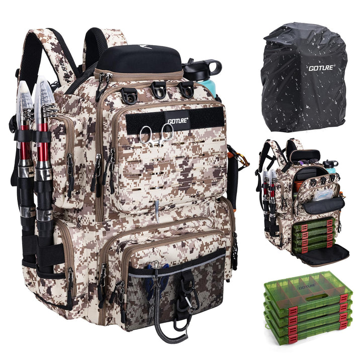 Goture Angelrucksack 45L, 4 Köderboxen, wasserdicht, Rutenhalter, Outdoor Wüsten-tarn 1