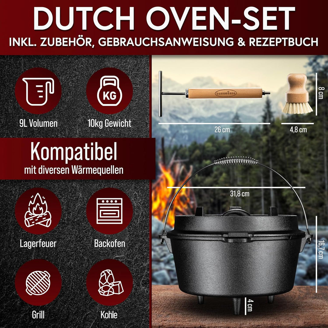 GUSSKÖNIG Dutch Oven Set [9L] - Eingebrannter Feuertopf mit innovativem 2in1 Deckelheber, Reinigungs