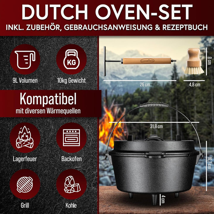 GUSSKÖNIG Dutch Oven Set [9L] - Eingebrannter Feuertopf mit innovativem 2in1 Deckelheber, Reinigungs