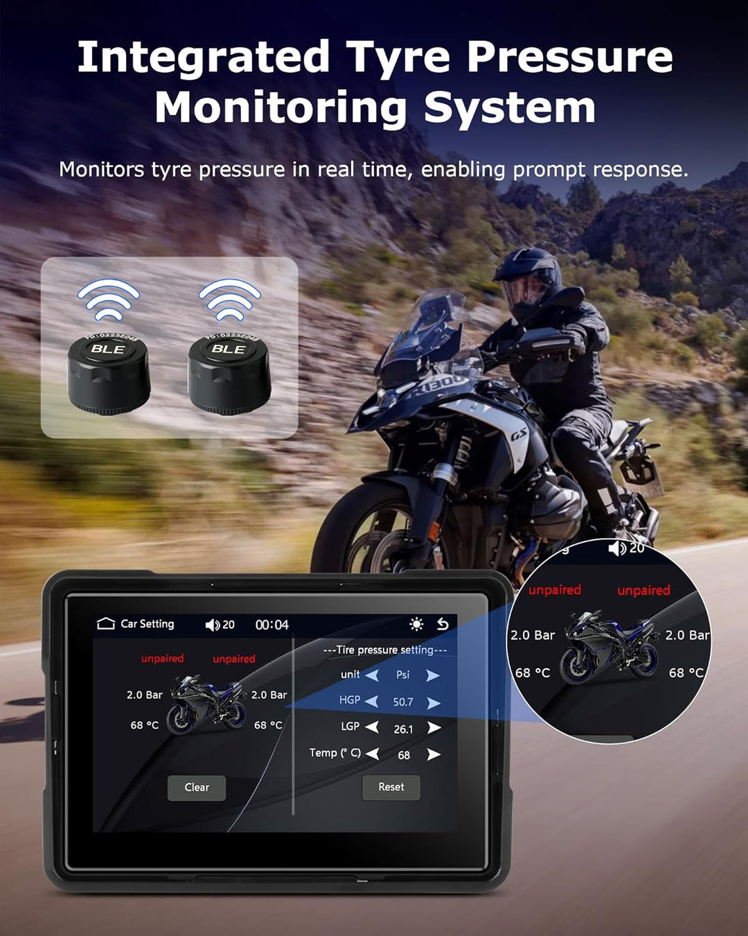 Jansite Motorrad Carplay Bildschirm Android Auto mit TPMS Reifendruckkontrollsystem, Motorrad Navi m