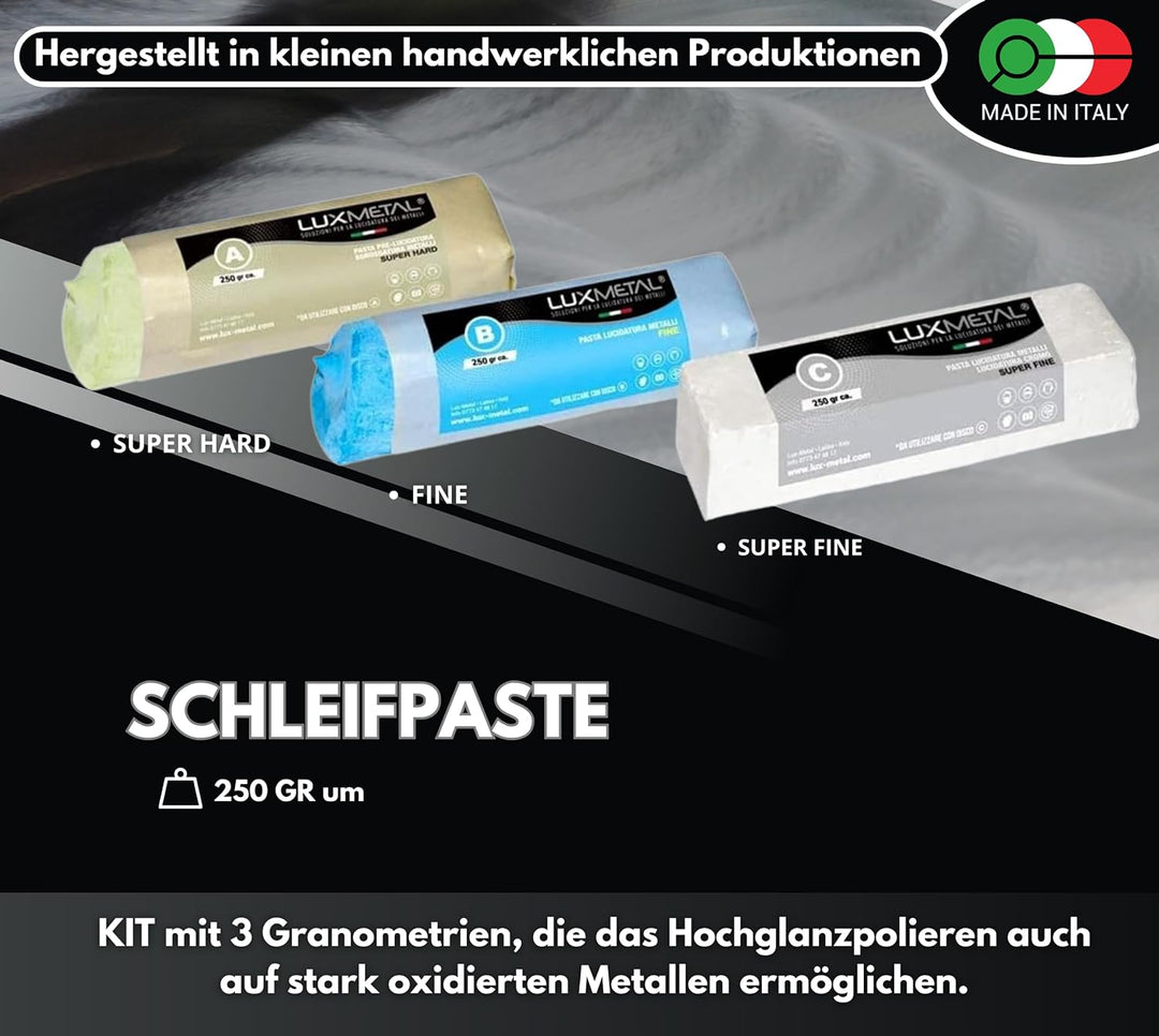 Lux Metal 3 polierpaste 250 g - 3 Polierscheibe 100 mm, Polierset set DIY kit Schleifpaste Metall, A
