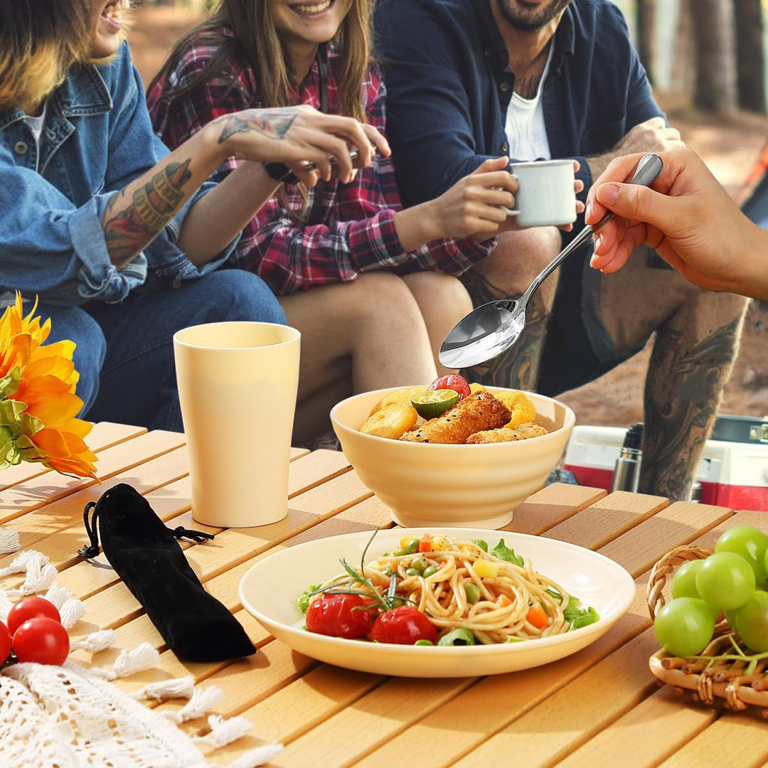 Kyraton Camping Besteck Set, wiederverwendbarer Leichter Becher, Schalen, Teller und Edelstahlbestec