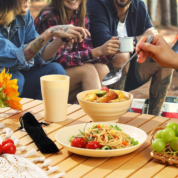 Kyraton Camping Besteck Set, wiederverwendbarer Leichter Becher, Schalen, Teller und Edelstahlbestec