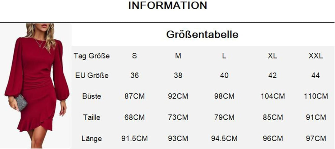 Arevill Damen Arbeit Business Kleid Langarm Rüschen Puffärmel Partykleider Bodycon Knielang Abendkle