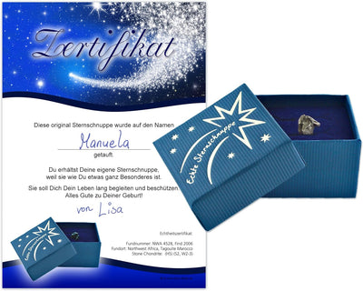 Echte Sternschnuppe in Geschenkbox mit Widmung zur Geburt - Meteorit mit Echtheitszertifikat und Tau
